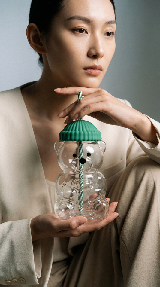 Cute Bear Glass Cup with Straw – Aesthetic Tumbler