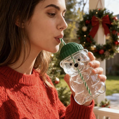 Cute Bear Glass Cup with Straw – Aesthetic Tumbler