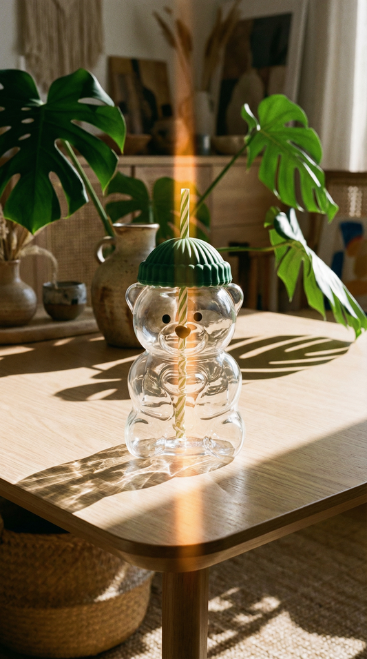 Cute Bear Glass Cup with Straw – Aesthetic Tumbler